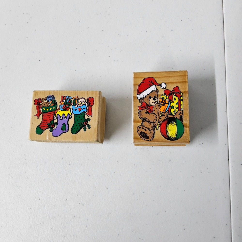 Christmas Wood Stamp Lot Teddy Bear Stockings Holiday Crafting Stamps